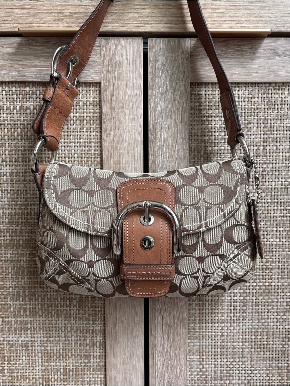 COACH Khaki Tan Brown Signature Jacquard Soho Buckle Flap Shoulder Bag F11860